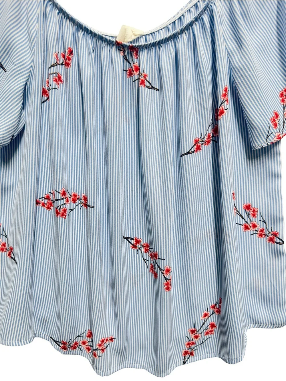 Satin Knit Pinstripe Floral Vines Off Shoulder Blouse Top